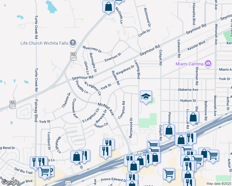 map of restaurants, bars, coffee shops, grocery stores, and more near 4205 Berwick Drive in Wichita Falls