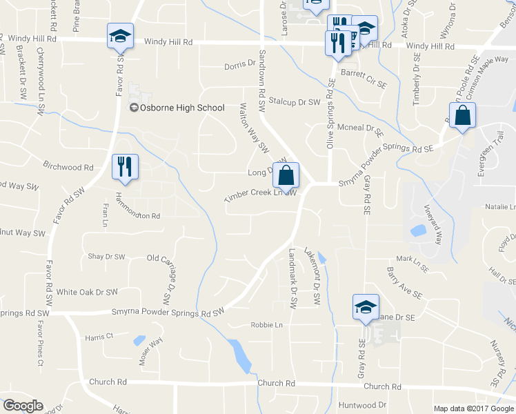 map of restaurants, bars, coffee shops, grocery stores, and more near 168 Timber Creek Lane Southwest in Marietta