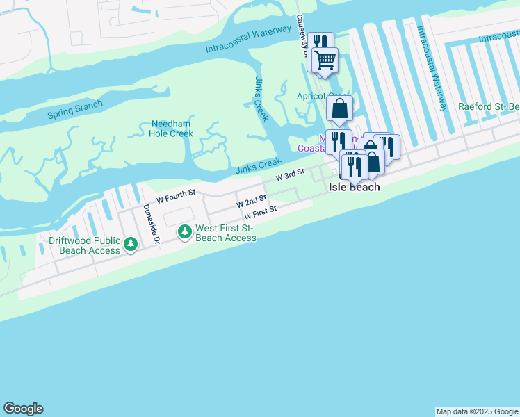 map of restaurants, bars, coffee shops, grocery stores, and more near 68 West 1st Street in Ocean Isle Beach
