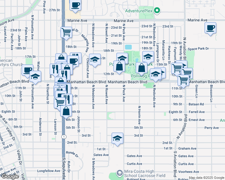 map of restaurants, bars, coffee shops, grocery stores, and more near 1420 11th Street in Manhattan Beach