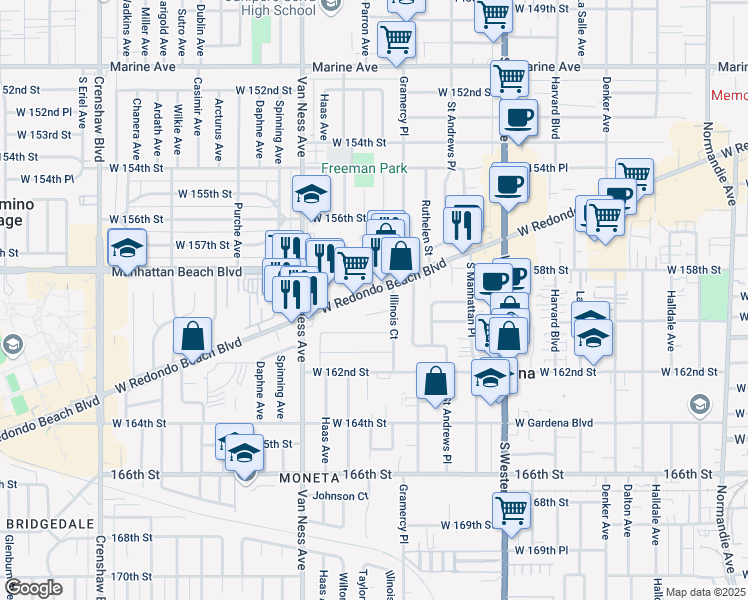 map of restaurants, bars, coffee shops, grocery stores, and more near 2072 West Redondo Beach Boulevard in Torrance