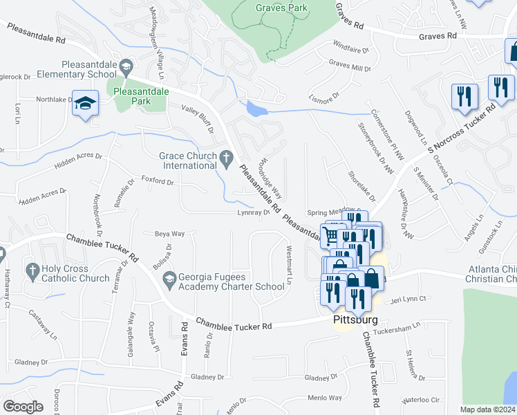 map of restaurants, bars, coffee shops, grocery stores, and more near 3121 Lynnray Drive in Doraville