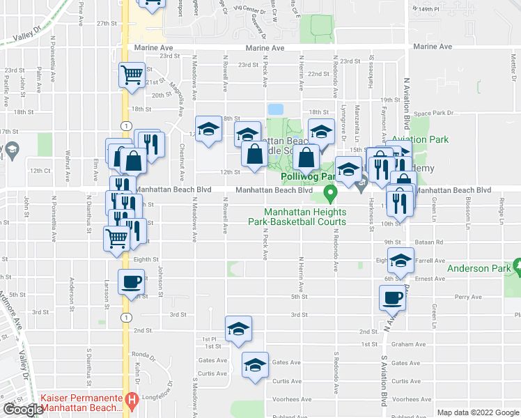map of restaurants, bars, coffee shops, grocery stores, and more near 1460 11th Street in Manhattan Beach
