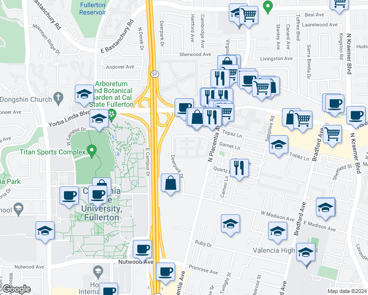 map of restaurants, bars, coffee shops, grocery stores, and more near 2913 Wellesley Court in Fullerton