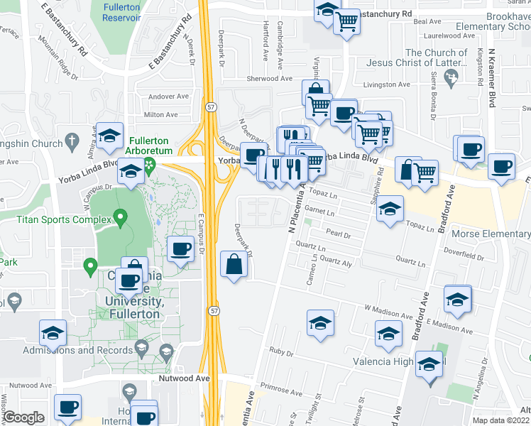 map of restaurants, bars, coffee shops, grocery stores, and more near 2921 Wellesley Court in Fullerton