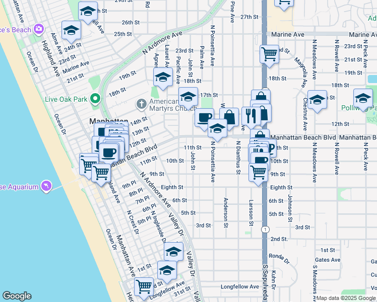 map of restaurants, bars, coffee shops, grocery stores, and more near 822 11th Street in Manhattan Beach
