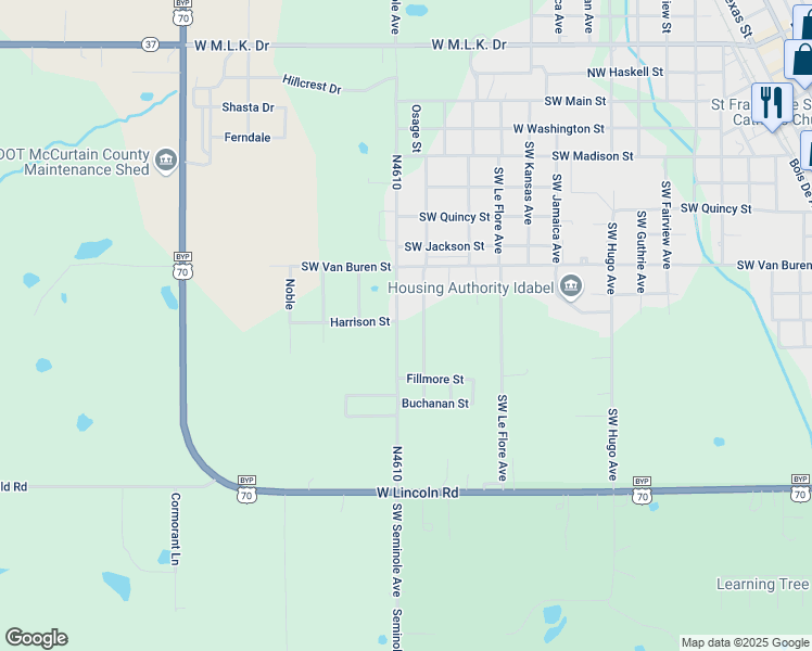 map of restaurants, bars, coffee shops, grocery stores, and more near 1602 Southwest Seminole Street in Idabel