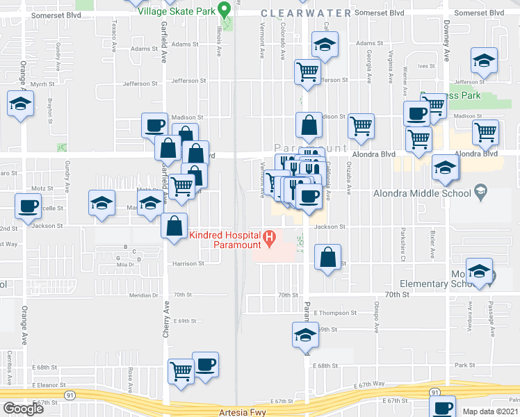map of restaurants, bars, coffee shops, grocery stores, and more near 16233 Vermont Avenue in Paramount