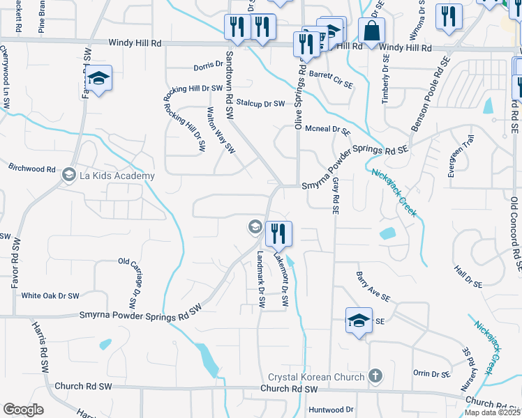map of restaurants, bars, coffee shops, grocery stores, and more near 134 Timber Creek Lane Southwest in Marietta
