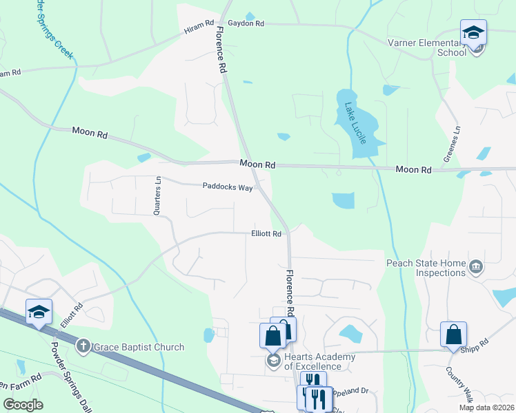 map of restaurants, bars, coffee shops, grocery stores, and more near 2810 Florence Rd in Powder Springs