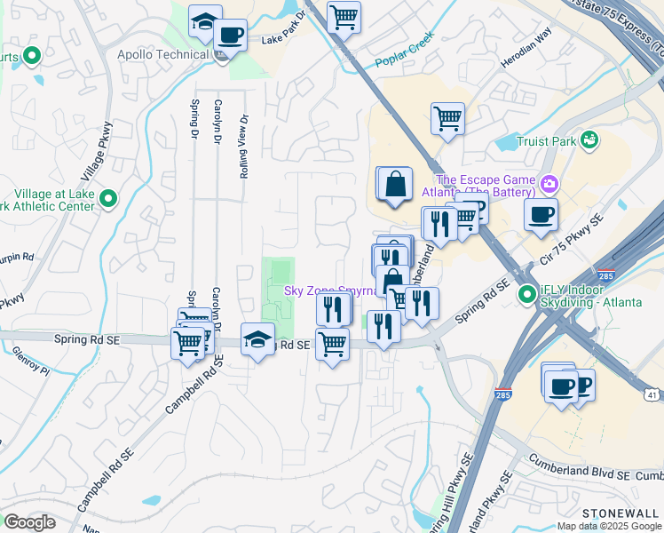 map of restaurants, bars, coffee shops, grocery stores, and more near 2728 Oakbourne Lane in Smyrna