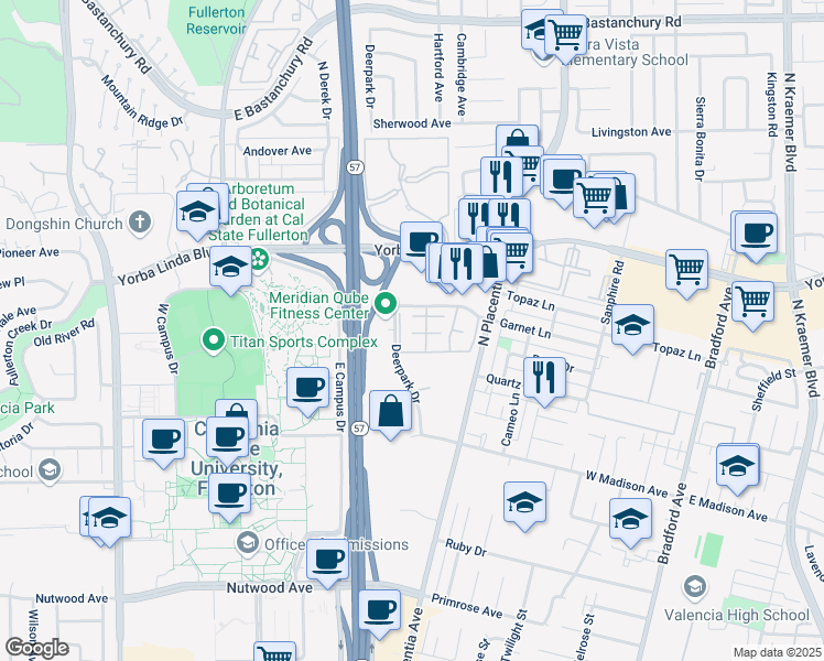 map of restaurants, bars, coffee shops, grocery stores, and more near 2915 Barrington Court in Fullerton