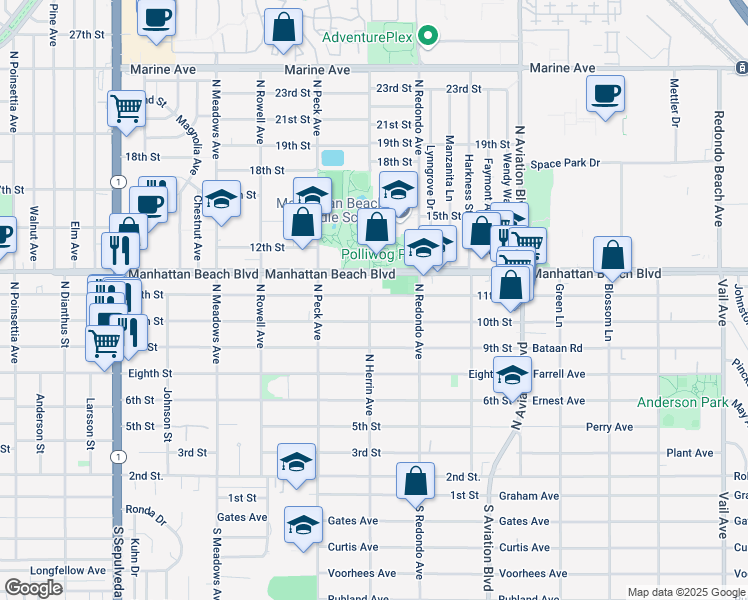 map of restaurants, bars, coffee shops, grocery stores, and more near 1618 11th Street in Manhattan Beach