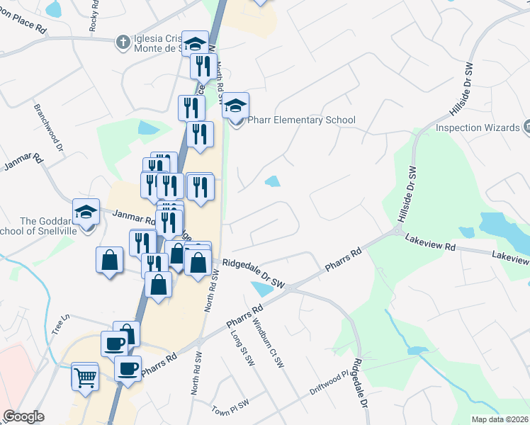 map of restaurants, bars, coffee shops, grocery stores, and more near 2030 Woodberry Run Drive in Snellville