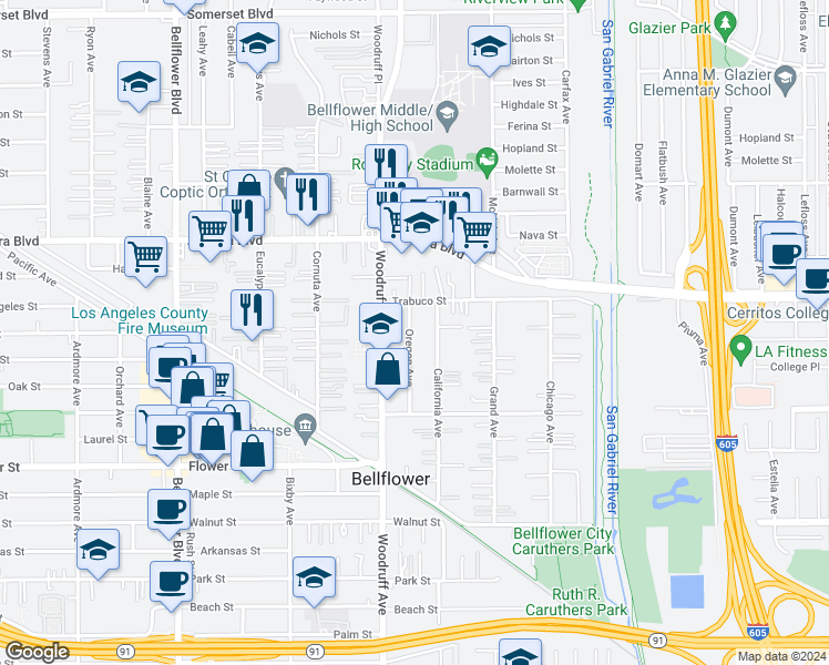 map of restaurants, bars, coffee shops, grocery stores, and more near 16232 Oregon Avenue in Bellflower