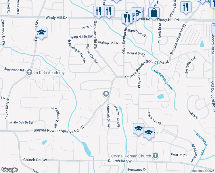 map of restaurants, bars, coffee shops, grocery stores, and more near 136 Timber Creek Lane Southwest in Marietta