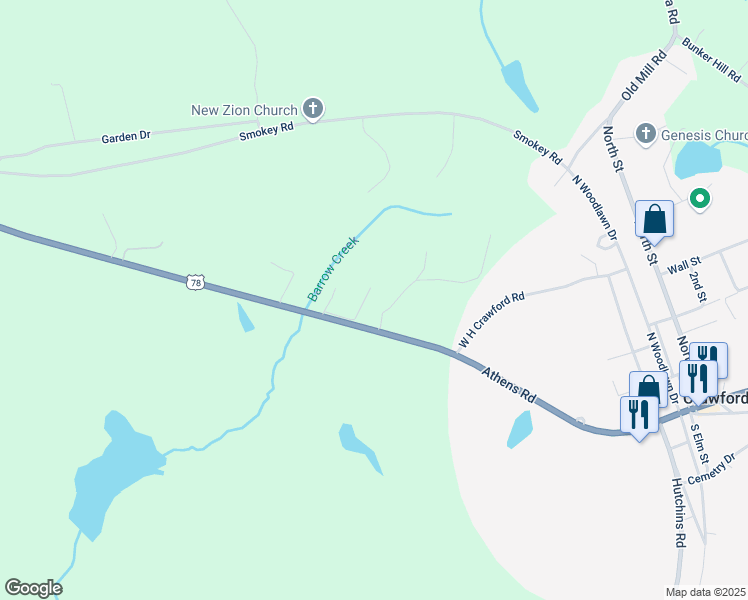 map of restaurants, bars, coffee shops, grocery stores, and more near 24 Lauri Lane in Crawford