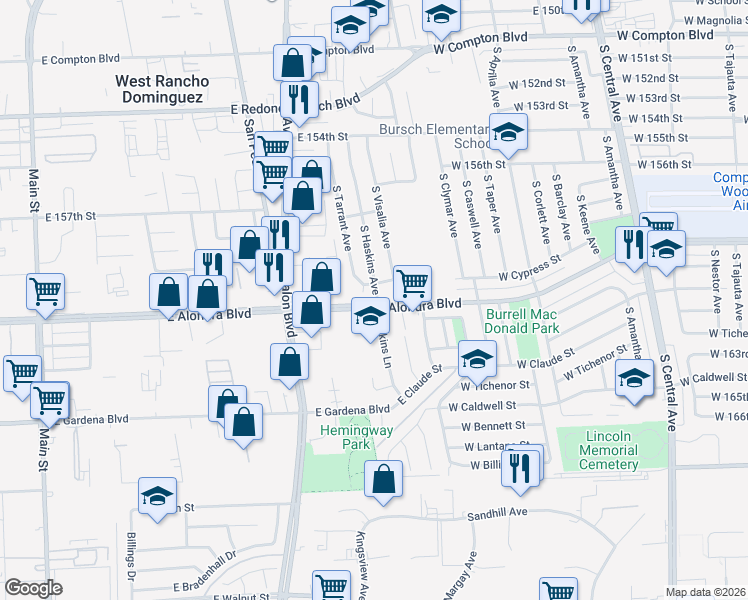 map of restaurants, bars, coffee shops, grocery stores, and more near 15855 South Haskins Avenue in Compton