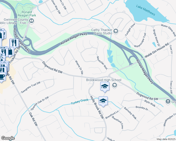 map of restaurants, bars, coffee shops, grocery stores, and more near 2710 Montclair Place in Snellville