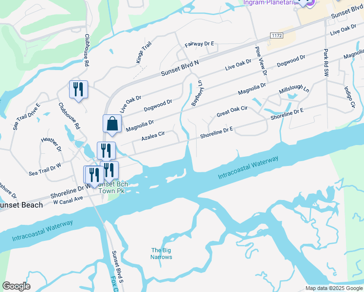 map of restaurants, bars, coffee shops, grocery stores, and more near 250 Shoreline Drive East in Sunset Beach
