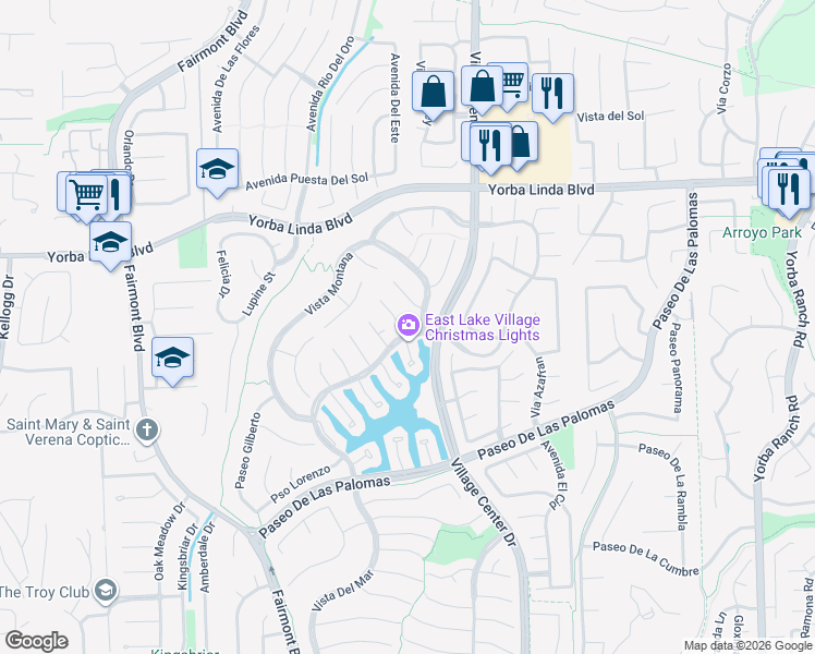 map of restaurants, bars, coffee shops, grocery stores, and more near 5180 Vía Daniel in Yorba Linda