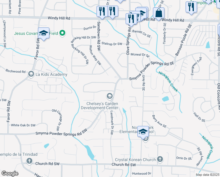 map of restaurants, bars, coffee shops, grocery stores, and more near 138 Timber Creek Lane Southwest in Marietta