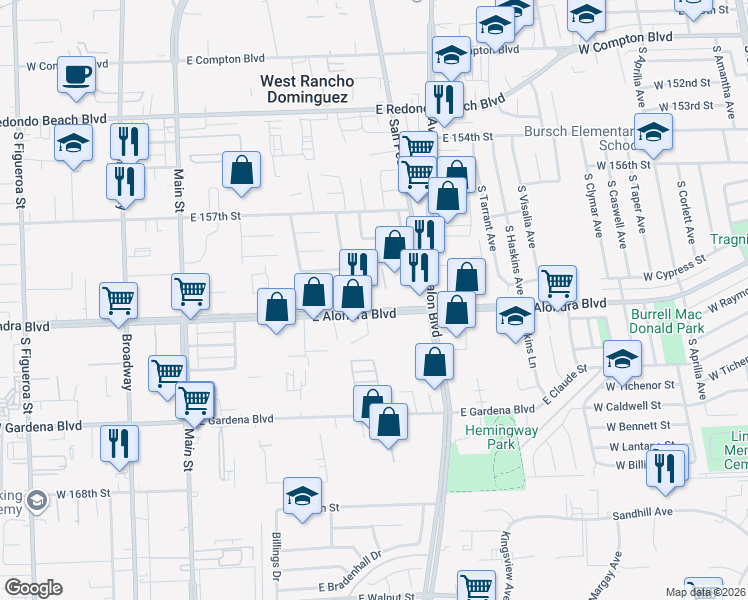 map of restaurants, bars, coffee shops, grocery stores, and more near 455 East Alondra Boulevard in Gardena