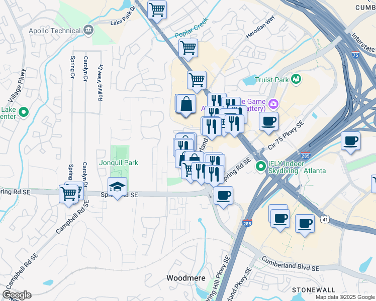 map of restaurants, bars, coffee shops, grocery stores, and more near 2730 Cumberland Boulevard in Smyrna