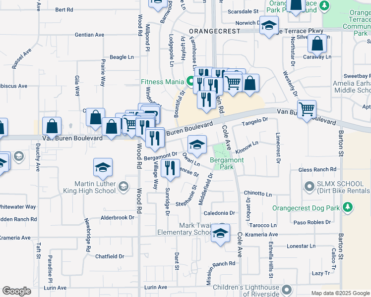 map of restaurants, bars, coffee shops, grocery stores, and more near 19202 Bergamont Drive in Riverside