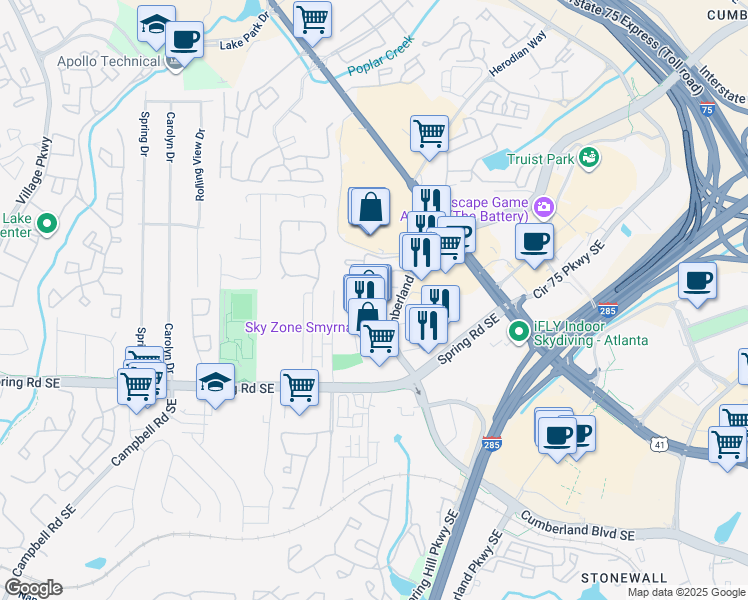 map of restaurants, bars, coffee shops, grocery stores, and more near 2730 Cumberland Boulevard in Smyrna