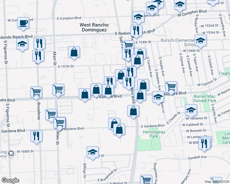 map of restaurants, bars, coffee shops, grocery stores, and more near 455 East Alondra Boulevard in Gardena