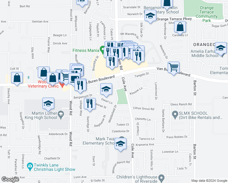 map of restaurants, bars, coffee shops, grocery stores, and more near 9103 Middlefield Drive in Riverside