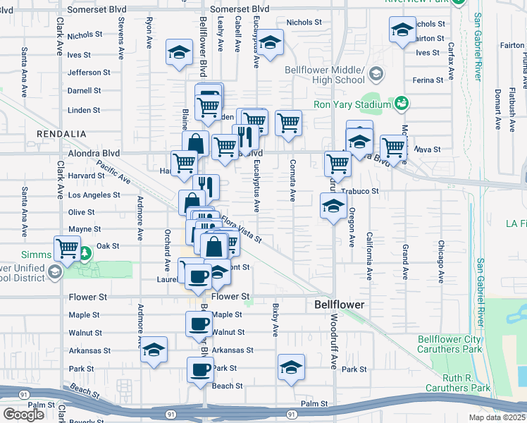 map of restaurants, bars, coffee shops, grocery stores, and more near 16234 Eucalyptus Avenue in Bellflower