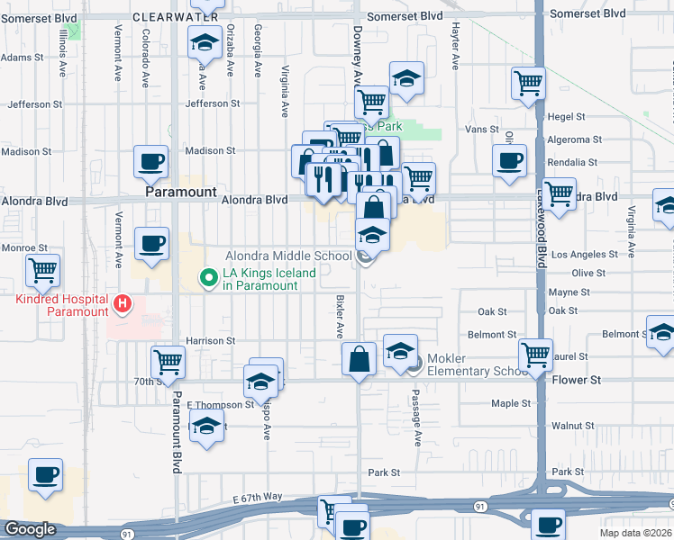 map of restaurants, bars, coffee shops, grocery stores, and more near 16211 Downey Avenue in Paramount