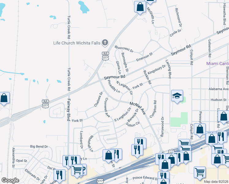 map of restaurants, bars, coffee shops, grocery stores, and more near 2414 Picadilly Ln in Wichita Falls