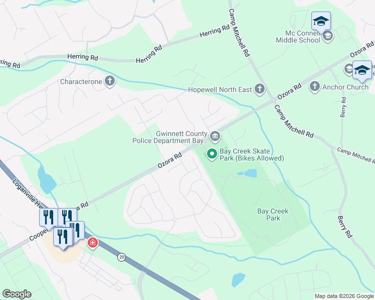 map of restaurants, bars, coffee shops, grocery stores, and more near 147 Ozora Road in Loganville