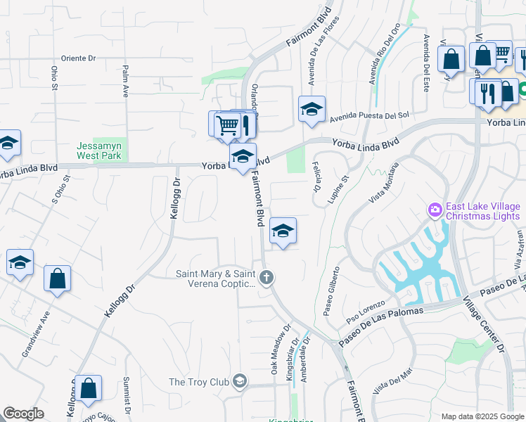 map of restaurants, bars, coffee shops, grocery stores, and more near 2020 Fairmont Boulevard in Yorba Linda