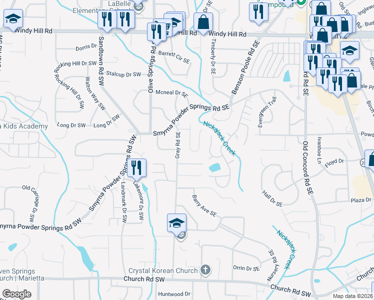 map of restaurants, bars, coffee shops, grocery stores, and more near 2718 Sanibel Lane Southeast in Smyrna