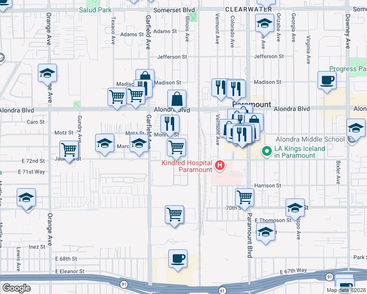 map of restaurants, bars, coffee shops, grocery stores, and more near 16229 Illinois Avenue in Paramount