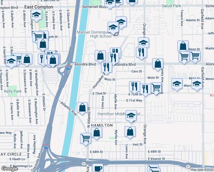 map of restaurants, bars, coffee shops, grocery stores, and more near 6518 Motz Street in Paramount