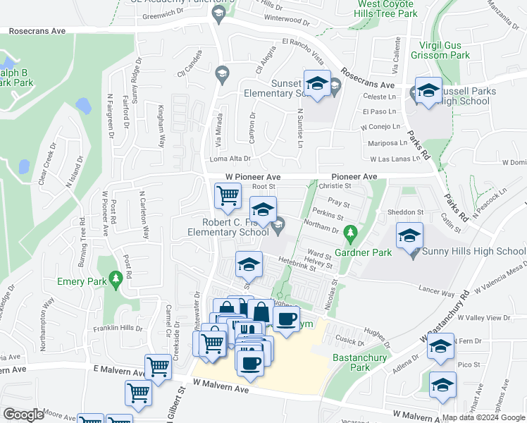 map of restaurants, bars, coffee shops, grocery stores, and more near 1405 Starbuck Street in Fullerton