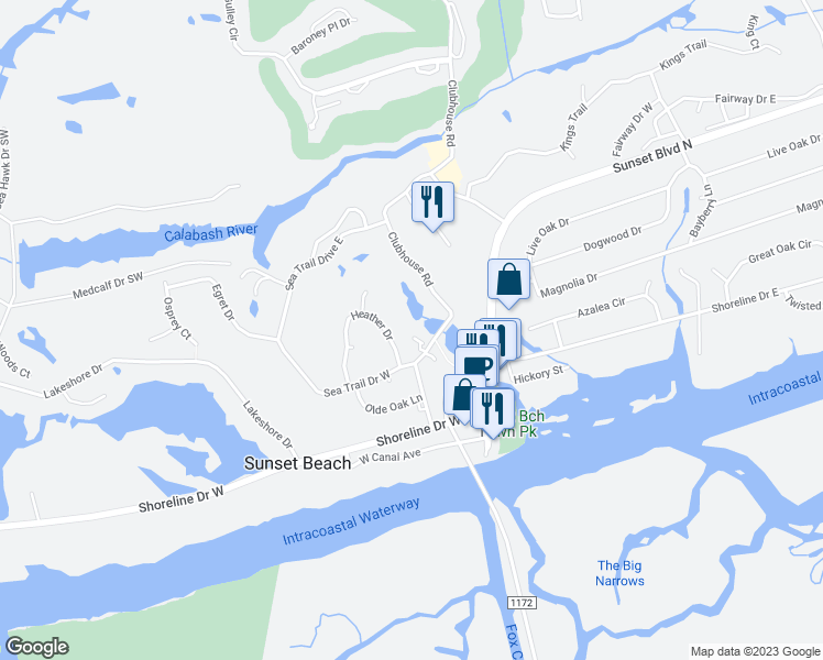 map of restaurants, bars, coffee shops, grocery stores, and more near 263 Clubhouse Road in Sunset Beach