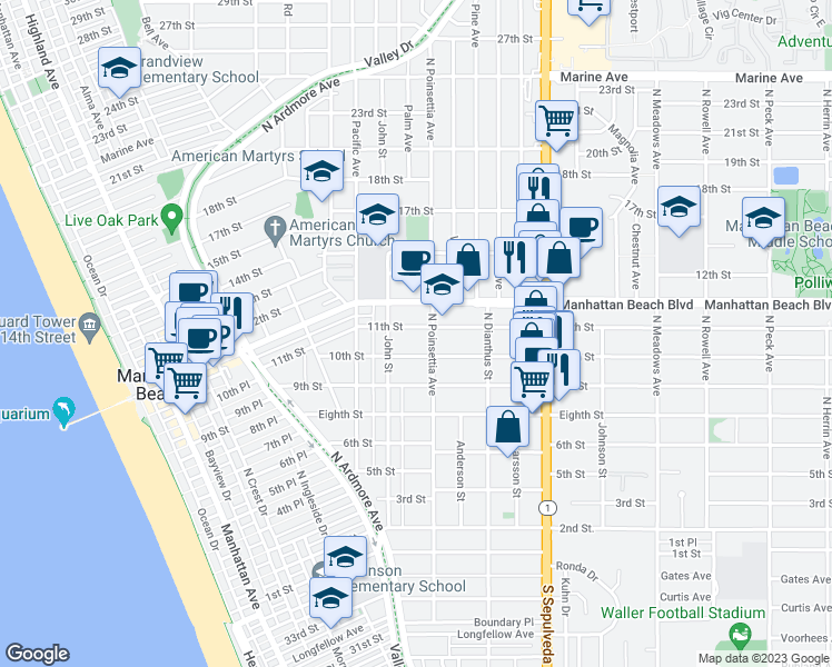 map of restaurants, bars, coffee shops, grocery stores, and more near 864 11th Street in Manhattan Beach