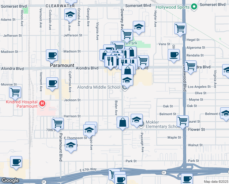 map of restaurants, bars, coffee shops, grocery stores, and more near 16211 Downey Avenue in Paramount