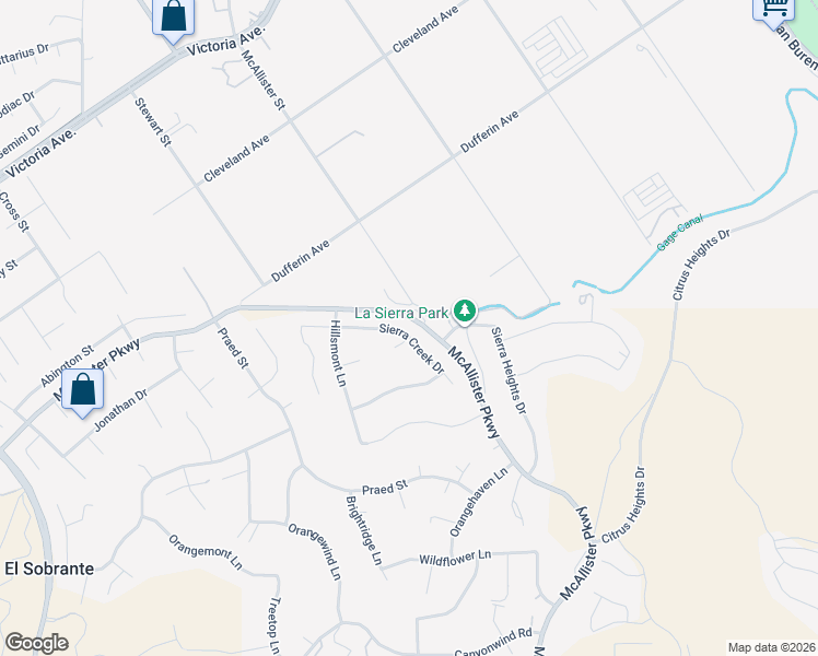 map of restaurants, bars, coffee shops, grocery stores, and more near 12756 Sierra Creek Drive in Riverside