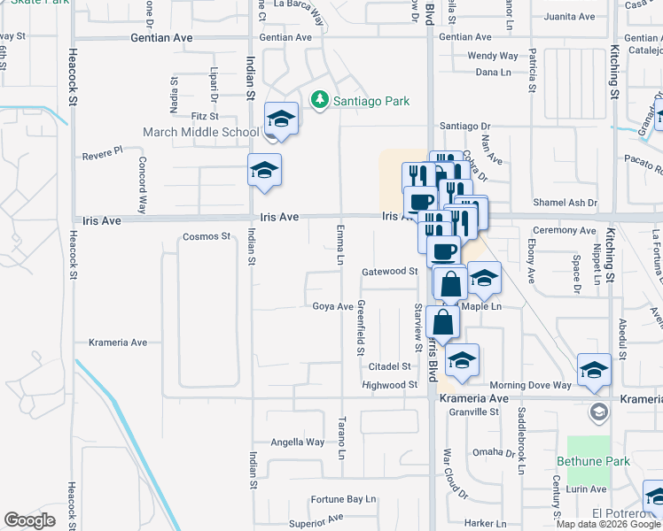 map of restaurants, bars, coffee shops, grocery stores, and more near 24720 Clear Water Drive in Moreno Valley