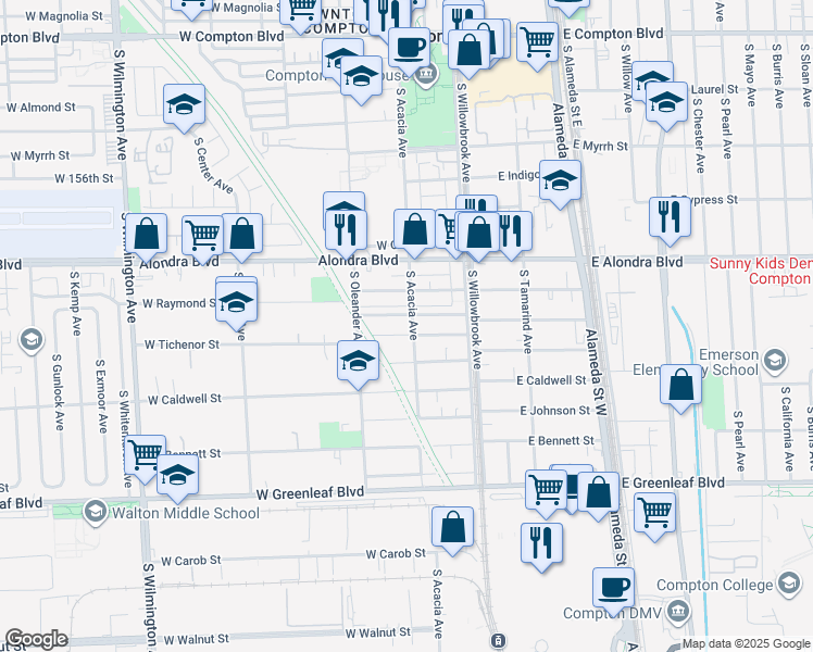 map of restaurants, bars, coffee shops, grocery stores, and more near 1109 South Acacia Avenue in Compton