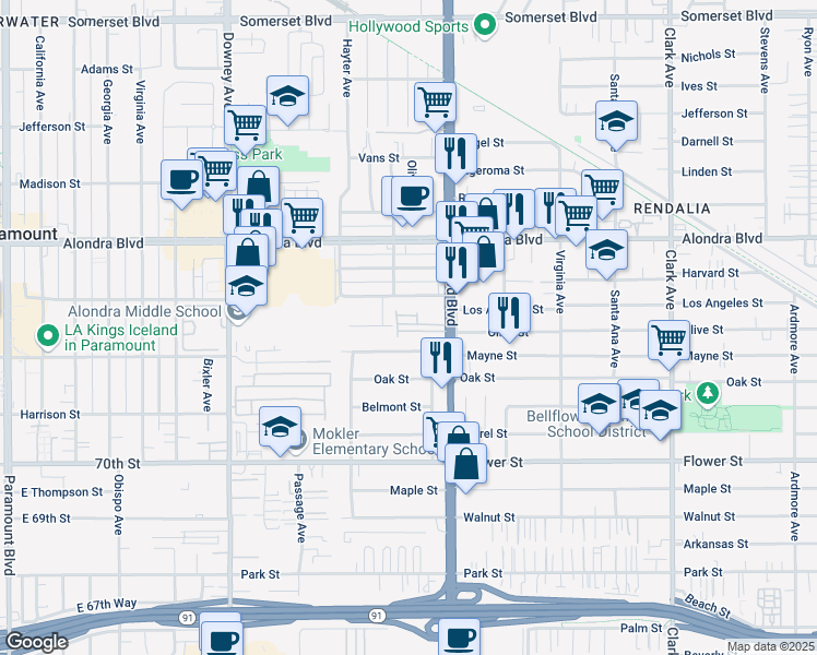 map of restaurants, bars, coffee shops, grocery stores, and more near 16239 Lakewood Boulevard in Bellflower