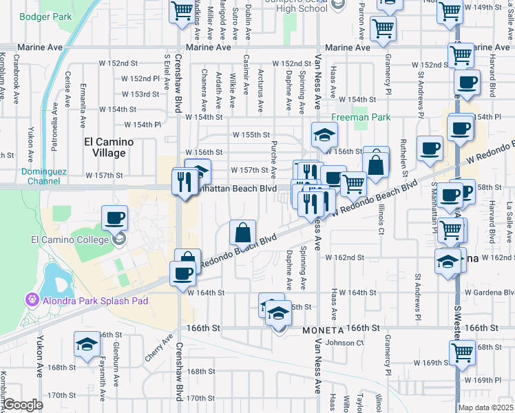 map of restaurants, bars, coffee shops, grocery stores, and more near 15825 Arcturus Avenue in Gardena