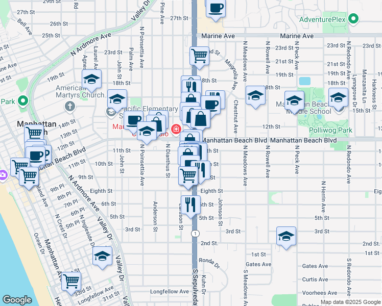 map of restaurants, bars, coffee shops, grocery stores, and more near 1021 North Sepulveda Boulevard in Manhattan Beach